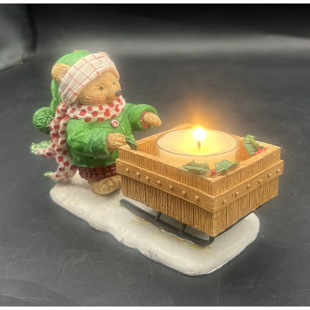 Hallmark Christmas Teddy Bear Tealight Candle Holder Sled Resin Figurine Decor
